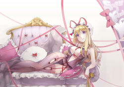 Rule 34 | 1girl, absurdres, bad id, bad pixiv id, bare shoulders, blanket, blonde hair, bow, character name, couch, garter straps, hat, heart, highres, legs, lying, namari (angelaqxi), patterned legwear, pillow, purple eyes, ribbon, ribbon-trimmed underwear, ribbon trim, smirk, solo, thighhighs, touhou, underwear, underwear only, white upholstery, yakumo yukari