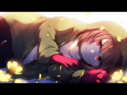 Rule 34 | 1other, black border, black pants, blush, border, brown hair, chara (undertale), closed mouth, commentary, english commentary, flower, gloves, green hoodie, hair between eyes, hood, hoodie, lari-lab, long sleeves, looking at viewer, lying, on side, open clothes, open hoodie, pants, petals, puffy long sleeves, puffy sleeves, red eyes, red gloves, shadow, short hair, simple background, smile, solo, storyshift, sweater, turtleneck, turtleneck sweater, undertale, white background, white sweater, yellow flower