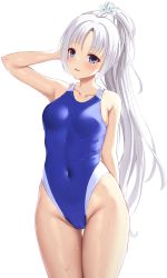 Rule 34 | 1girl, absurdres, blue eyes, breasts, cameltoe, commentary request, competition swimsuit, covered navel, cowboy shot, highleg, highleg swimsuit, highres, long hair, looking at viewer, ncontrail (mgax7527), one-piece swimsuit, ponytail, senren banka, small breasts, solo, standing, swimsuit, thigh gap, tomotake yoshino, white hair
