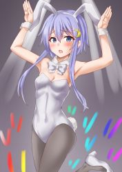 Rule 34 | 1girl, animal ears, anti (untea9), bow, bowtie, breasts, covered navel, crescent, crescent hair ornament, detached collar, fake animal ears, fake tail, gradient background, grey background, grey eyes, grey pantyhose, hair between eyes, hair ornament, highres, kantai collection, leotard, open mouth, pantyhose, playboy bunny, purple hair, purple ribbon, rabbit ears, rabbit tail, ribbon, short hair, short hair with long locks, small breasts, solo, standing, standing on one leg, strapless, strapless leotard, sweatdrop, tail, traditional bowtie, white leotard, wrist cuffs, yayoi (kancolle)