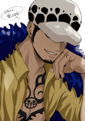 Rule 34 | 1boy, 2elu2, absurdres, black hair, chest tattoo, coat, coat on shoulders, collarbone, earrings, facial hair, feather coat, finger tattoo, fur hat, goatee, hand tattoo, hat, highres, jaguar print, jewelry, long sideburns, male focus, one piece, open clothes, pectoral cleavage, pectorals, shirt, short hair, sideburns, simple background, smile, solo, speech bubble, tattoo, trafalgar law, translation request, upper body, white background, yellow shirt