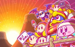 Rule 34 | 2boys, ;), akeome, armor, beanie, bird, blue hat, blush stickers, bow, bowtie, commentary request, fence, happy new year, hat, headphones, jitome, king dedede, kirby, kirby (series), looking at viewer, mask, meta knight, microphone, mountain, multiple boys, new year, nintendo, notepad, official art, one eye closed, penguin, red neckwear, smile, sunrise, video camera, waddle dee, wings