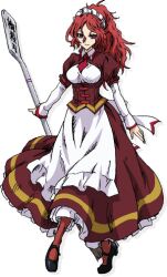 Rule 34 | 1girl, apron, breasts, brown eyes, dress, full body, gonzo (studio), holding, holding weapon, inu to hasami wa tsukaiyou, large breasts, long skirt, maid, maid headdress, moribe sachi, necktie, official art, red hair, red socks, shoes, skirt, smile, socks, transparent background, weapon