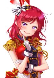 Rule 34 | 1girl, :q, back bow, band uniform, blush, bow, cross-laced clothes, epaulettes, feathers, finger to own chin, gloves, group name, hair bow, hat, hat feather, highres, index finger raised, light blush, love live!, love live! school idol festival, love live! school idol project, medium hair, nishikino maki, purple eyes, red feathers, red hair, red vest, shako cap, simple background, sleeveless, solo, striped, striped bow, tongue, tongue out, upper body, usamaru67pi, vest, white background, white bow, white gloves, wrist cuffs