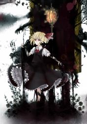 Rule 34 | 1girl, bird, blonde hair, blouse, bug, butterfly, candlestand, darkness, female focus, hair ribbon, highres, insect, lamp, messy hair, owl, red eyes, ribbon, rumia, shirt, short hair, skirt, skirt set, solo, sparks, touhou, white background, white shirt, yume koucha