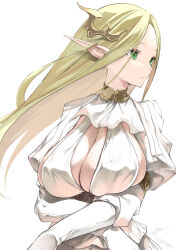 Rule 34 | 1girl, artist name, blonde hair, breasts, cleavage, dress, elf, eyelashes, fantasy, forehead, green eyes, highres, large breasts, long hair, original, parted bangs, pointy ears, smile, solo, straight hair, upper body, white background, white dress, won (az hybrid)