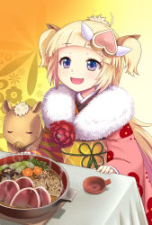 Rule 34 | 1girl, :d, ahoge, alternate costume, alternate hairstyle, blonde hair, blue eyes, blunt bangs, boar, chinese zodiac, claudia fischer, commentary request, fang, food, formation girls, furisode, hair ornament, hibari makoto, highres, japanese clothes, kimono, meat, nabe, open mouth, pink kimono, short hair, smile, solo, table, twintails, year of the pig