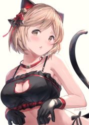 Rule 34 | 1girl, animal ears, bad id, bad pixiv id, bare arms, bare shoulders, beige background, black bra, black gloves, black panties, blush, bra, breasts, brown eyes, brown hair, cat cutout, cat ears, cat girl, cat lingerie, cat tail, cleavage cutout, clothing cutout, collar, collarbone, commentary request, djeeta (granblue fantasy), frilled bra, frills, gloves, granblue fantasy, highres, looking at viewer, medium breasts, meme attire, milli little, panties, parted lips, red collar, short hair, side-tie panties, simple background, solo, tail, tail raised, underwear, upper body