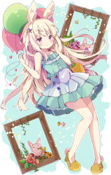 Rule 34 | 1girl, animal ears, balloon, bare arms, bare shoulders, blonde hair, blush, brown footwear, camisole, closed mouth, commentary, flower, full body, green camisole, green skirt, hands up, highres, holding, holding instrument, instrument, long hair, original, picture frame, pink flower, pleated skirt, rabbit ears, red eyes, red flower, red rose, rose, shoes, short eyebrows, skirt, smile, solo, symbol-only commentary, thick eyebrows, trumpet, tsukiyo (skymint), very long hair