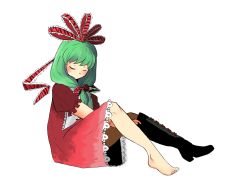 Rule 34 | 1girl, barefoot, blush, unworn boot, boots, bow, cross-laced footwear, dressing, closed eyes, front ponytail, full body, green hair, hair bow, kagiyama hina, kia (tumblr), knee boots, lace-up boots, no mouth, putting on shoes, single boot, single shoe, sitting, solo, touhou, transparent background