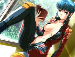 Rule 34 | 1girl, biker clothes, bikesuit, blue hair, bodysuit, book, breasts, brown eyes, censored, collarbone, female focus, game cg, houtani yukitoshi, large breasts, legs, looking at viewer, navel, no bra, no panties, open clothes, pants, reversible, serious, short hair, sitting, solo, sugihara shizuno, thighs, tight clothes, tight pants, window