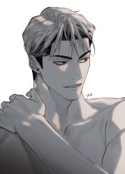 Rule 34 | absurdres, black eyes, character request, collarbone, copyright request, grey hair, hand on own shoulder, highres, jessjadejess, korean commentary, light smile, male focus, nude, official art, parted lips, portrait, short hair, signature, simple background, teeth, undercut, white background