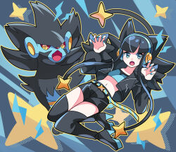 Rule 34 | 1girl, alternate costume, belt, black footwear, black hair, black shorts, blunt bangs, boots, commentary request, creatures (company), elesa (pokemon), eyelashes, game freak, gen 4 pokemon, green shirt, hands up, headphones, highres, looking at viewer, luxray, nail polish, navel, nintendo, open mouth, outline, platform boots, platform footwear, pokemon, pokemon (creature), pokemon bw2, shirt, short hair with long locks, shorts, sidelocks, sutokame, thigh boots, tongue