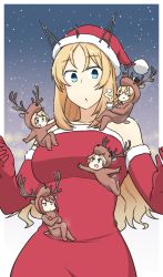 Rule 34 | 5girls, :o, animal costume, antlers, ark royal (kancolle), blonde hair, blue eyes, blush, breasts, christmas, closed eyes, costume, crossed arms, crown, cup, dress, elbow gloves, fur trim, gloves, hamu koutarou, hat, headgear, highres, holding, horns, janus (kancolle), jervis (kancolle), kantai collection, long hair, mini crown, mini person, minigirl, multiple girls, nelson (kancolle), open mouth, pom pom (clothes), red dress, red gloves, red hair, santa hat, short hair, sleeveless, sleeveless dress, smile, snow, snowing, sparkle, steam, teacup, warspite (kancolle)