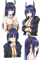 Rule 34 | 1girl, alternate hairstyle, arknights, bare arms, bare shoulders, bishi (bishi), black gloves, black jacket, blue hair, blush, breasts, ch&#039;en (arknights), commentary request, cropped torso, crossed arms, from side, gloves, hair between eyes, hair down, hair over eyes, hands on own chest, hands up, highres, hood, hooded jacket, horns, jacket, large breasts, long hair, long sleeves, looking at viewer, low twintails, multiple views, necktie, open clothes, open jacket, open mouth, profile, red eyes, shirt, sidelocks, simple background, sleeveless, sleeveless shirt, smile, twintails, upper body, white background, white shirt, wing collar, yellow neckwear