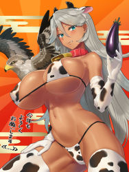Rule 34 | 1girl, animal ears, animal print, aqua eyes, bell, belt collar, bikini, bird, breasts, cleavage, clenched teeth, collar, commentary request, covered erect nipples, cow ears, cow horns, cow print, cow print bikini, cow print gloves, cow print thighhighs, cowboy shot, dark-skinned female, dark skin, ear piercing, egasumi, eggplant, elbow gloves, eyes visible through hair, fake animal ears, fake horns, falcon, food, gloves, hair between eyes, hatsuyume, highres, holding, holding food, holding vegetable, horns, kotoyoro, large breasts, long hair, looking at viewer, micro bikini, navel, neck bell, new year, ohlia, original, piercing, print bikini, print gloves, print thighhighs, red collar, silver hair, skindentation, standing, sun, sweatdrop, swimsuit, teeth, thick thighs, thighhighs, thighs, toned, translated, underboob, vegetable, very long hair