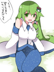 Rule 34 | 1girl, breasts, commentary request, frog hair ornament, green eyes, green hair, hair ornament, hair tubes, hammer (sunset beach), kochiya sanae, large breasts, long hair, long skirt, looking at viewer, open mouth, skirt, smile, snake hair ornament, solo, touhou, translation request, wide sleeves