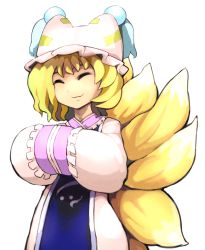 Rule 34 | 1girl, :3, animal ears, blonde hair, blush, dress, closed eyes, fox ears, fox tail, frills, hands in opposite sleeves, hat, highres, hospital king, long sleeves, mob cap, multiple tails, own hands together, short hair, sleeves past wrists, smile, solo, tabard, tail, touhou, white dress, yakumo ran