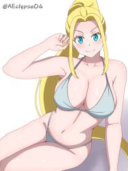 Rule 34 | 1girl, arm support, arm up, beatrix amerhauser, bikini, blonde hair, blue eyes, breasts, cleavage, closed mouth, collarbone, eclyart, grey bikini, high ponytail, highres, large breasts, long hair, navel, sitting, smile, solo, swimsuit, twitter username, v-shaped eyebrows, very long hair, white background, zom 100: zombie ni naru made ni shitai 100 no koto