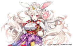 Rule 34 | 1girl, :p, animal ears, animal hands, bandaged arm, bandages, blush, breasts, commentary request, curly hair, dot nose, horns, icchi banketsu, japanese clothes, large breasts, looking at viewer, official art, rabbit ears, rabbit tail, red eyes, simple background, single horn, smile, solo, tail, tongue, tongue out, upper body, watermark, white background, white hair, yanyo (ogino atsuki)