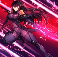 Rule 34 | 1girl, armor, arms behind back, bodysuit, boots, breasts, comic, commentary request, dual wielding, elbow gloves, energy beam, fate/grand order, fate (series), gloves, glowing, holding, holding weapon, impossible clothes, jumping, knee up, large breasts, long hair, looking to the side, matsumoto tomoyohi, polearm, purple hair, red eyes, scathach (fate), shoulder armor, solo, spear, thigh boots, thighhighs, unitard, weapon