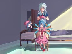 Rule 34 | 3girls, absurdres, alternative clothes, apron, artist name, ascot, bed, blanket, blood, blue dress, blue eyes, blue hair, bobby socks, bow, braid, brooch, chair, chinese commentary, cirno, clenched teeth, commentary request, cosplay, crying, crying with eyes open, door, dress, frilled apron, frills, gaanzi, grin, hair between eyes, hat, hat bow, highres, holding, holding clothes, holding hat, ice, ice wings, indoors, izayoi sakuya, jewelry, looking at viewer, maid, maid headdress, mob cap, multiple girls, neck ribbon, nosebleed, open mouth, petticoat, pink dress, pink headwear, plaid, puffy short sleeves, puffy sleeves, red bow, red eyes, red footwear, red ribbon, red sash, remilia scarlet, remilia scarlet (cosplay), ribbon, sash, shaded face, shadow, shoes, short hair, short sleeves, signature, silver hair, sitting, smile, socks, standing, tears, teeth, touhou, twin braids, unmoving pattern, unworn hat, unworn headwear, waist apron, white apron, white legwear, wings, wrist cuffs