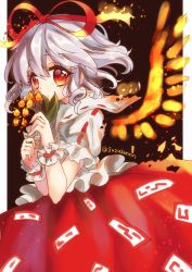 Rule 34 | 1girl, bad id, bad pixiv id, black background, color switch, cosplay, expressionless, fiery wings, flower, fujiwara no mokou, fujiwara no mokou (cosplay), fusion, hair ribbon, highres, holding, holding flower, kyouda suzuka, lily of the valley, looking to the side, medicine melancholy, puffy short sleeves, puffy sleeves, red eyes, red skirt, ribbon, ribbon-trimmed collar, ribbon-trimmed sleeves, ribbon trim, short hair, short sleeves, silver hair, simple background, skirt, solo, touhou, twitter username, wings, wrist cuffs