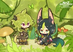 Rule 34 | 1boy, 1girl, animal ears, black gloves, black hair, bug, butterfly, chibi, collei (genshin impact), flower, fox boy, fox ears, genshin impact, gloves, green eyes, green hair, insect, long sleeves, looking at another, looking down, multicolored hair, nnz, outdoors, purple eyes, short sleeves, slime (creature), slime (genshin impact), streaked hair, yellow flower