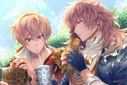 Rule 34 | 2boys, albert (shingeki no bahamut), blonde hair, blue gloves, blue jacket, brown eyes, brown hair, burger, cup, day, disposable cup, drinking straw, eating, fingerless gloves, food, gloves, granblue fantasy, high collar, highres, holding, holding cup, holding food, jacket, long hair, male focus, multiple boys, nuu (liebe sk), open clothes, open jacket, outdoors, red eyes, shared food, shirt, short hair, upper body, white shirt, yurius (shingeki no bahamut)