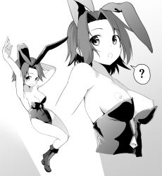Rule 34 | 1girl, animal ears, armpits, blush, breasts, breasts out, cleavage, fake animal ears, girls und panzer, greyscale, large breasts, leotard, monochrome, multiple views, nipples, playboy bunny, rabbit ears, sawa azusa, short hair