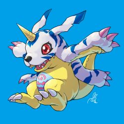 Rule 34 | blue background, digimon, digimon (creature), digimon adventure, fangs, full body, gabumon, horns, no humans, outstretched arms, peron (niki2ki884), red eyes, signature, simple background, single horn