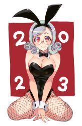 Rule 34 | 1girl, 2023, animal ears, bare shoulders, black bow, black bowtie, black leotard, blush, bow, bowtie, breasts, chinese zodiac, cleavage, closed mouth, detached collar, fake animal ears, fishnet pantyhose, fishnets, glasses, highres, kusanagi tonbo, large breasts, leotard, lips, looking at viewer, original, pantyhose, playboy bunny, rabbit ears, red background, simple background, sitting, smile, solo, strapless, strapless leotard, wariza, white background, wrist cuffs, year of the rabbit