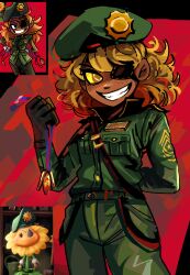 Rule 34 | 1girl, absurdres, beret, blonde hair, colored sclera, eyepatch, gloves, glowing, glowing eye, green hat, green jacket, green pants, grin, hat, highres, holding, jacket, medal, medium hair, military uniform, pants, peargor, personification, plants vs zombies, pocket, red background, redrawn, reference inset, sash, smile, sunflower (plants vs zombies), uniform, yellow sclera