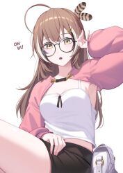 Rule 34 | 1girl, :o, adjusting eyewear, ahoge, alternate costume, bag, brown eyes, brown hair, camisole, casual, detached sleeves, english text, erezu, feather hair ornament, feathers, hair ornament, hairclip, handbag, highres, hololive, hololive english, long hair, looking at viewer, multicolored hair, nanashi mumei, pink nails, pink sleeves, round eyewear, short shorts, shorts, streaked hair, virtual youtuber, white bag, white camisole