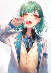 Rule 34 | 1girl, absurdres, bow, brown cardigan, candy, cardigan, earrings, food, green hair, hair behind ear, hair ornament, hairclip, highres, holding, holding candy, holding food, holding lollipop, jacket, jewelry, kitakoji hisui, kuwashima rein, lollipop, looking at viewer, nijisanji, open clothes, open jacket, plaid, plaid bow, sharp teeth, short hair, solo, teeth, upper body, virtual youtuber, white background, white jacket, yellow eyes