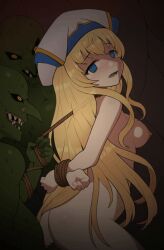 Rule 34 | 1girl, animated, animated gif, arms behind back, ass, bent over, blonde hair, blue eyes, blush, bouncing breasts, bound, bound arms, breasts, censored, colored skin, empty eyes, eyebrows, goblin, goblin slayer!, green skin, half-closed eyes, heavy breathing, hetero, lk (lk00), long hair, monster, mosaic censoring, multiple boys, nipples, nt00, nude, open mouth, penis, priestess (goblin slayer!), rape, sex, sex from behind, small breasts, steam, tears, teeth