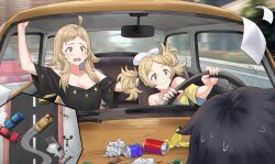Rule 34 | 1other, 2girls, alternate costume, banana peel, bare shoulders, black hair, black shirt, blonde hair, bra strap, breasts, can, car, cleavage, commentary, driving, fire emblem, fire emblem awakening, fire emblem fates, grandmother and granddaughter, grey eyes, highres, igni tion, lissa (fire emblem), long hair, medium breasts, motor vehicle, multiple girls, nintendo, off-shoulder shirt, off shoulder, open mouth, ophelia (fire emblem), paper, shirt, short sleeves, twintails, upper body, very long hair, white headwear, yellow shirt