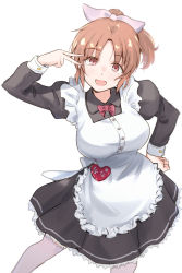 Rule 34 | 1girl, abe nana, alternate costume, apron, black dress, black sleeves, bow, bowtie, breasts, brown hair, commentary, constricted pupils, contrapposto, cowboy shot, dot nose, dress, enmaided, forehead, frilled apron, frills, hair bow, hand up, heart, highres, idolmaster, idolmaster cinderella girls, juliet sleeves, large breasts, legs apart, long sleeves, looking at viewer, maid, maid apron, medium hair, open mouth, parted bangs, ponytail, puffy sleeves, red bow, red bowtie, red eyes, shadow, simple background, smile, solo, unu (unucence), v, white background, white legwear