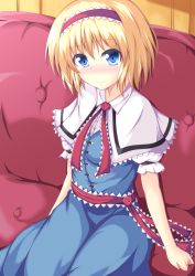 Rule 34 | 1girl, alice margatroid, blonde hair, blue dress, blue eyes, blush, capelet, commentary, couch, dress, fookun, hairband, highres, lolita hairband, looking at viewer, naba (take tonbo), puffy sleeves, sash, short hair, short sleeves, sitting, smile, solo, touhou