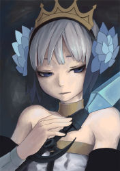 Rule 34 | 1girl, bare shoulders, blue eyes, dress, expressionless, flower, gwendolyn (odin sphere), hair flower, hair ornament, kaneko masaru, masaru, odin sphere, polearm, short hair, silver hair, solo, strapless, strapless dress, tiara, upper body, weapon, white dress, unfinished