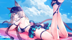 Rule 34 | 1girl, afloat, animal ears, artist request, ass, bare back, baseball cap, bikini, blue eyes, blue skirt, cat ears, cat girl, character request, copyright request, crossed arms, feet up, grey hair, hand on own face, hat, highres, huge ass, looking at viewer, looking back, lying, non-web source, on stomach, shoes, skirt, source request, swimsuit, the pose, thigh strap, thighs