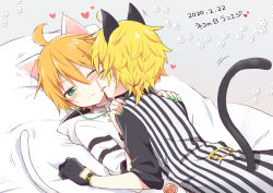 Rule 34 | 2boys, ahoge, animal ears, bed, black gloves, blonde hair, blush, cat day, cat ears, cat tail, closed eyes, commentary request, dual persona, gloves, green eyes, green nails, hands on another&#039;s shoulders, heart, holy lancer (module), hooded shirt, kagamine len, licking, licking another&#039;s face, looking at another, lying, lying on person, male focus, multiple boys, nail polish, on back, on bed, one eye closed, orange hair, paw print, project diva (series), shirt, striped clothes, striped shirt, sudachi (calendar), tail, vocaloid, white edge (module), white shirt, yaoi