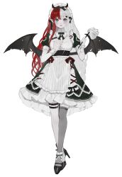 Rule 34 | 1girl, absurdres, ankle ribbon, apron, arm warmers, belt, black belt, black bow, black bowtie, black dress, black footwear, black ribbon, black wings, bow, bowtie, breasts, cleavage, cleavage cutout, clothing cutout, crossed ankles, demon horns, demon wings, dress, duster, full body, grey eyes, grey thighhighs, hand on own chest, hands up, high heels, highres, holding, holding duster, horns, kirishima hikari (stardust project), leg ribbon, long hair, looking at viewer, maid, maid headdress, medium breasts, multicolored hair, official art, pale skin, puffy short sleeves, puffy sleeves, red hair, ribbon, short dress, short sleeves, single arm warmer, single thighhigh, solo, split-color hair, standing, stardust project, tachi-e, thigh belt, thigh strap, thighhighs, torn wings, transparent background, very long hair, virtual youtuber, waist apron, white arm warmers, white hair, white wrist cuffs, wings, wrist cuffs