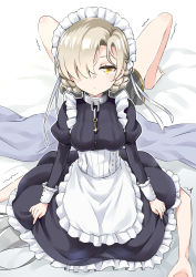 Rule 34 | 2girls, absurdres, apron, azur lane, bed sheet, black dress, braid, breasts, brown hair, chain, closed mouth, commentary request, dress, enterprise (azur lane), frilled apron, frilled dress, frills, grey skirt, hair over one eye, highres, juliet sleeves, long sleeves, maid, maid headdress, medium breasts, multiple girls, pleated skirt, puffy sleeves, ryuki (ryukisukune), sheffield (azur lane), sitting, sitting on face, sitting on person, skirt, solo focus, trembling, white apron, yellow eyes
