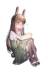 Rule 34 | animal crossing, animal ears, bad id, bad pixiv id, black legwear, blush, coco (animal crossing), dress, fake animal ears, frown, highres, legs together, nintendo, personification, rabbit ears, rabbit tail, simple background, sitting, solo, tail, white background
