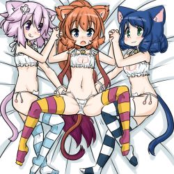 Rule 34 | 10s, 3girls, :3, :q, andou mirai, animal ears, bed, bell, blue eyes, blue hair, blush, bra, brown hair, cat ears, cat girl, cat lingerie, collar, crossover, cyan (show by rock!!), d-pad, fang, female focus, flat chest, green eyes, hair ornament, holding hands, itsuka tenma no kuro usagi, jingle bell, long hair, lying, meme attire, multiple girls, navel, neptune (neptunia), neptune (series), on back, on side, open mouth, panties, pink hair, ponytail, purple eyes, purple hair, rori (4chan), short hair, show by rock!!, side-tie panties, smile, spread legs, striped clothes, striped legwear, striped thighhighs, tail, thighhighs, tongue, tongue out, underwear, untied, white bra, white panties, yuri