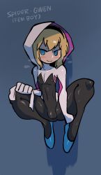 Rule 34 | 1boy, blonde hair, blue eyes, blush, bodysuit, bulge, closed mouth, commentary, english text, genderswap, genderswap (ftm), gwen stacy, hairband, highres, hood, hood up, hooded bodysuit, looking at viewer, male focus, marvel, rariatto (ganguri), skin tight, smile, solo, spider-gwen, spider-man: into the spider-verse, spider-man (series), spider-verse, symbol-only commentary, trap