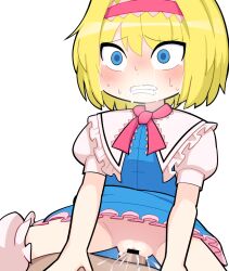 Rule 34 | 1boy, 1girl, alice margatroid, bar censor, blonde hair, blue dress, blue eyes, blush, bow, bowtie, breasts, censored, clenched teeth, clothed sex, commentary, cookie (touhou), cowboy shot, cum, cum in pussy, cum overflow, dress, ejaculation, frilled dress, frilled sash, frills, hairband, hetero, hospital king, ichigo (cookie), medium bangs, open mouth, penis, pink bow, pink bowtie, pink hairband, pink sash, pov, pussy, sash, sex, short hair, simple background, small breasts, solo focus, teeth, textless version, touhou, vaginal, white background