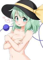 Rule 34 | 1girl, :p, aqua eyes, aqua hair, black hat, blush, breasts, cleavage, closed mouth, commentary request, covering breasts, covering privates, crossed arms, eyeball, hat, hat ribbon, heart, highres, komeiji koishi, looking at viewer, medium hair, nude, ribbon, simple background, smile, solo, suwa yasai, third eye, tongue, tongue out, touhou, upper body, white background, yellow ribbon