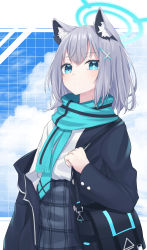 Rule 34 | 1girl, ahoge, animal ear fluff, animal ears, bad id, bad pixiv id, bag, blue archive, blue eyes, blue jacket, blue scarf, blue skirt, blue sky, closed mouth, cloud, cloudy sky, commentary, cowboy shot, expressionless, flat chest, grid background, hair ornament, hairclip, halo, high-waist skirt, highres, jacket, kttmr i, long sleeves, looking at viewer, medium hair, off shoulder, open clothes, open jacket, plaid, plaid skirt, scarf, school bag, school uniform, shiroko (blue archive), shirt, shirt tucked in, silver hair, skirt, sky, solo, white shirt, x hair ornament